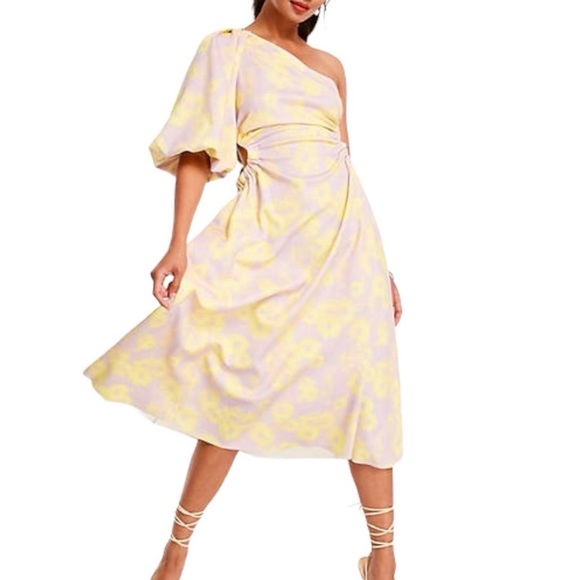 ASOS Dresses & Skirts - ASOS One Shoulder Puff Sleeve Cut Out Floral Midi Dress